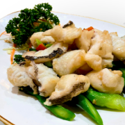 时蔬笋壳鱼炒球 Stir Fried Blue Cod Fillets w/ Veggies  